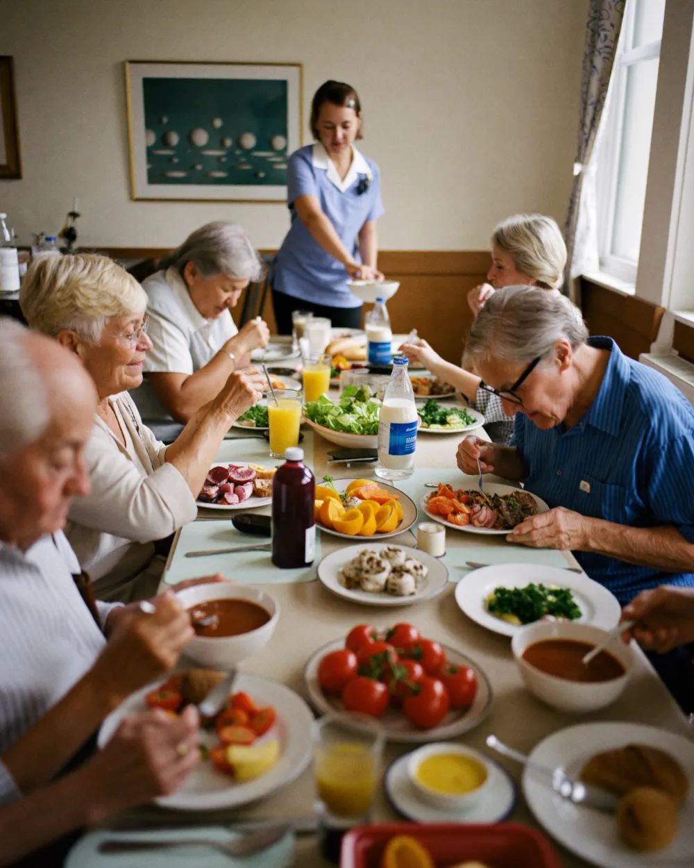 Older adults sharing a nutritious lunch at a long table